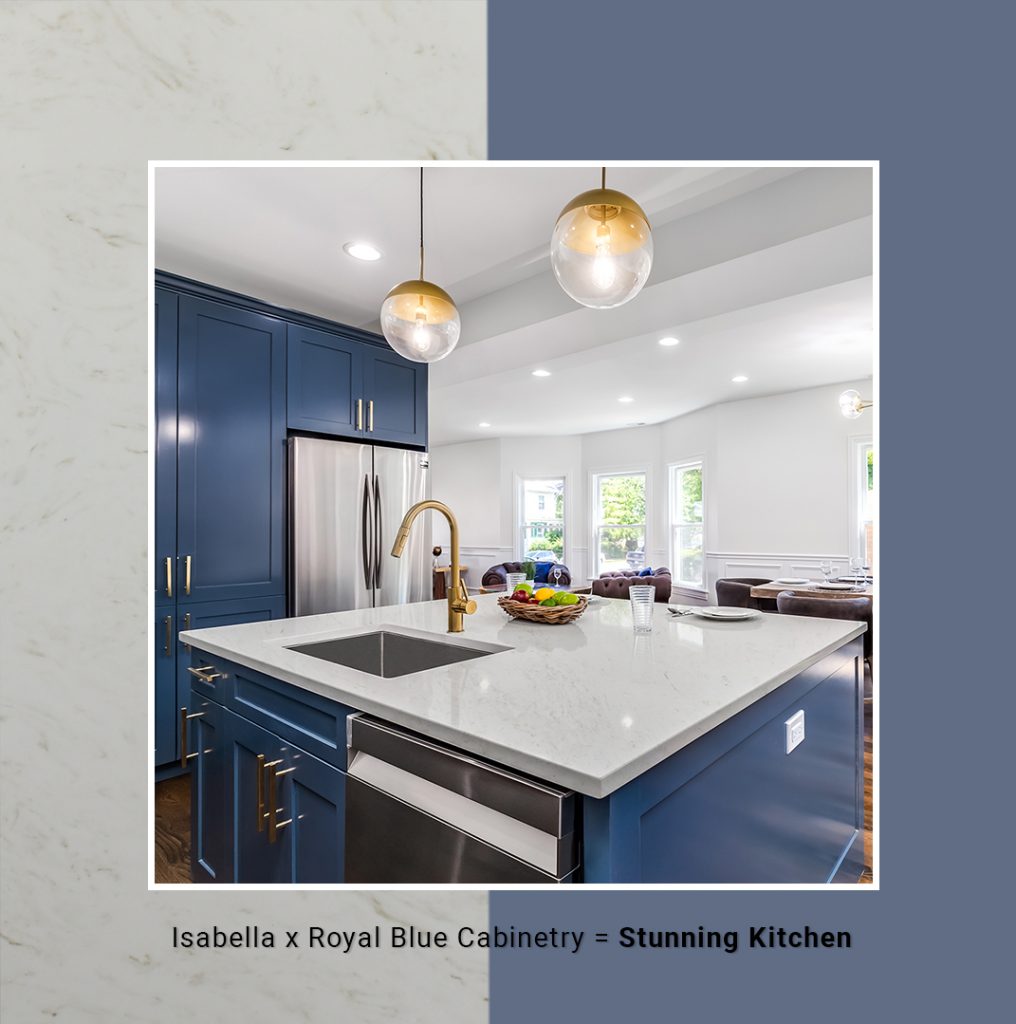 Isabella Quartz with Royal Blue Cabinetry